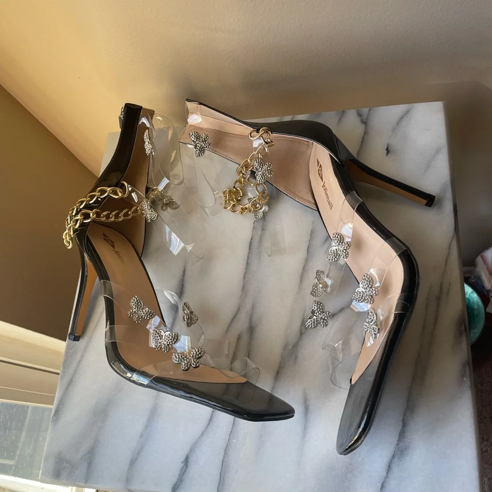 Black & Silver butterfly sandal with gold ankle chain. Stylish & sexy. NWOT - Picture 10 of 14